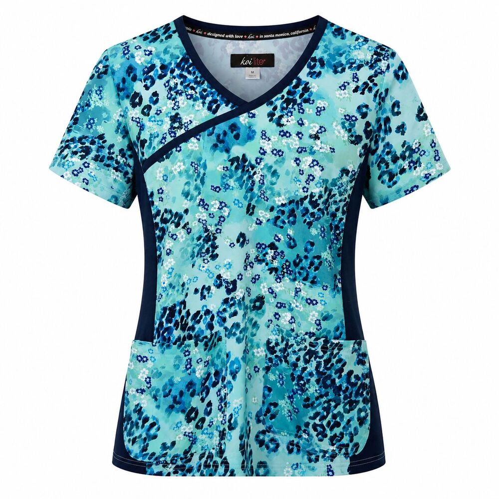 Koi Lite Scrub Top Women’s Sz Medium Blue Cheetah Divine Floral Stretch Nursing